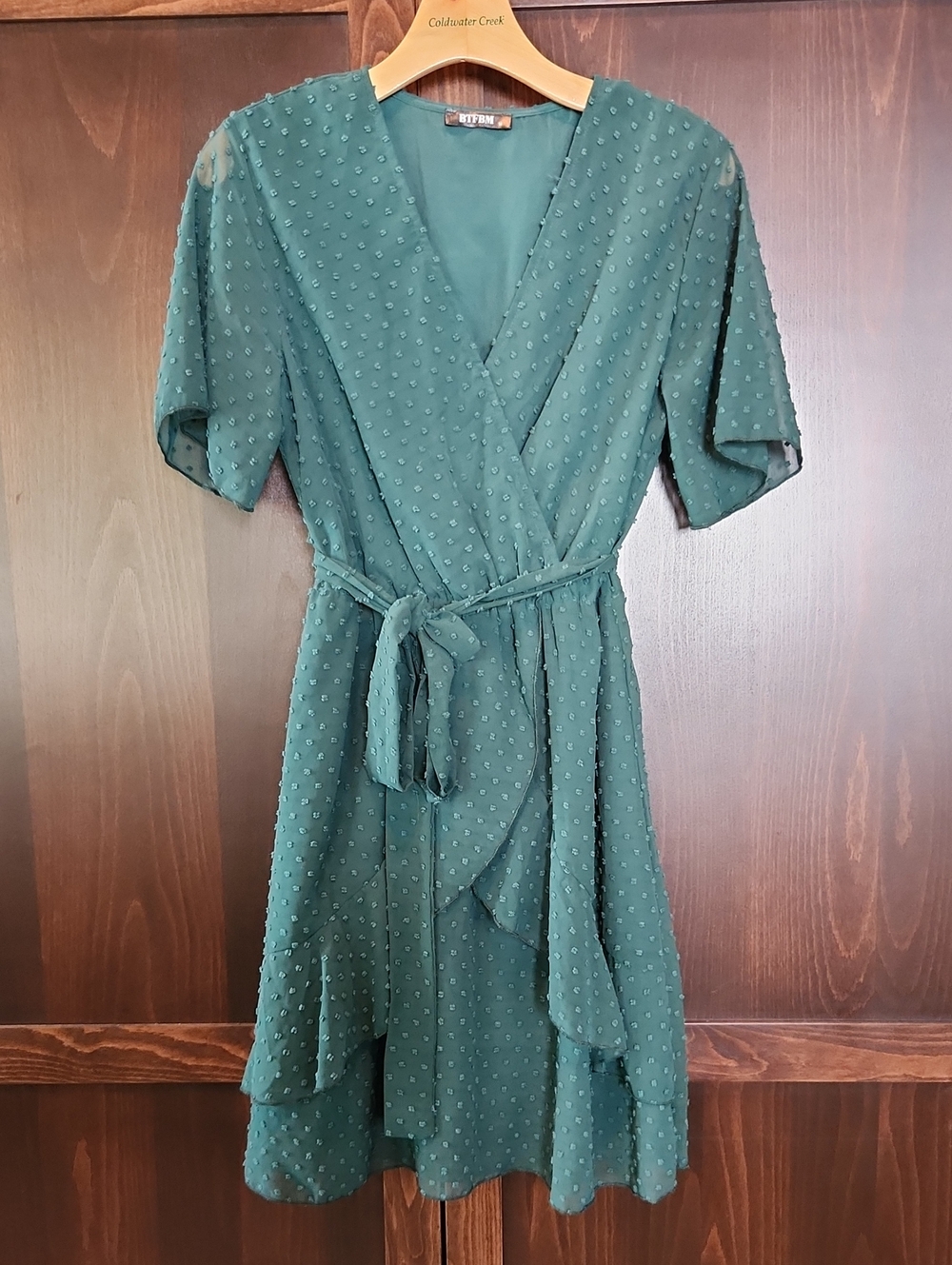 Textured Deep Green Wrap Midi Dress with Tie Waist